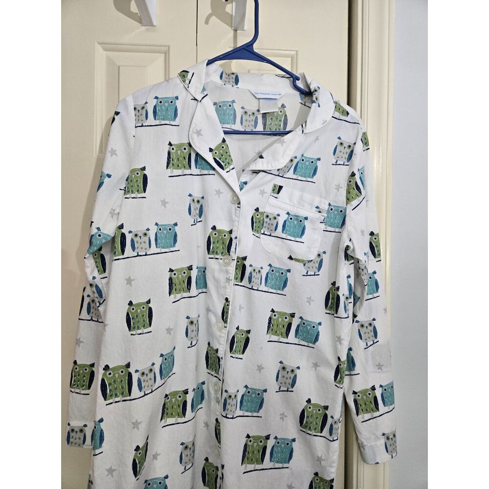 The Company Store Womens Owl Print Button-Down Pajama Shirt S White Cotton